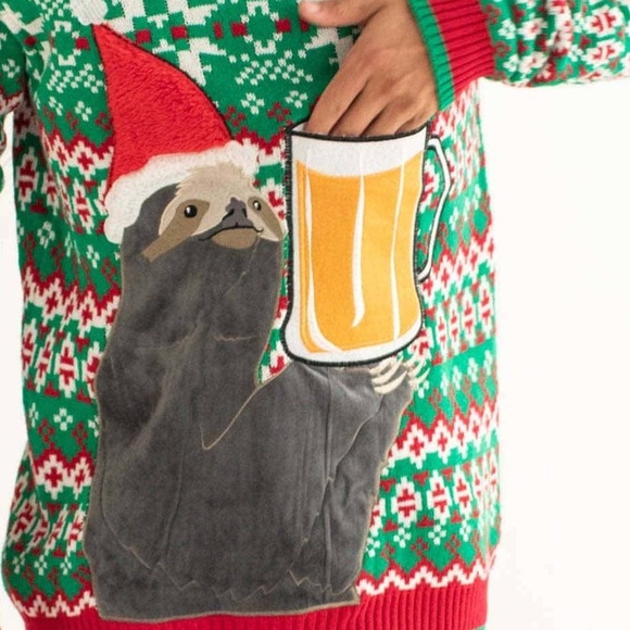 BLIZZARD BAY L Ugly Christmas Sweater • Holiday Sloth Beer Mug Pocket Pullover - Picture 12 of 14